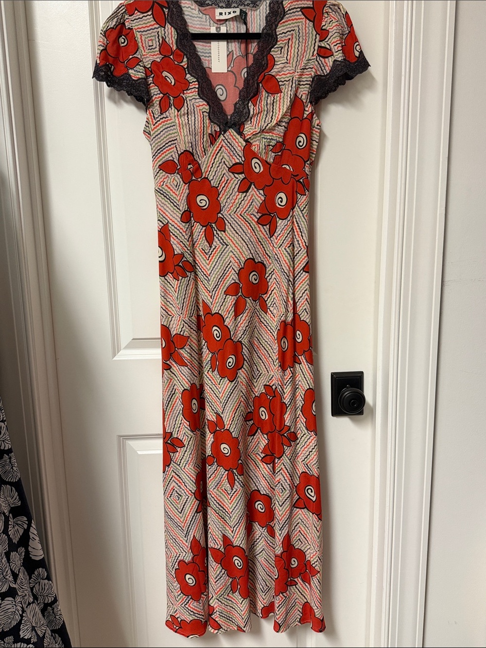 RIXO Red Floral V-Neck Maxi Dress with Black Lace Trim